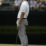 Patrick Cantlay reacts after missing a putt on the 15th hole during the second round for the Masters golf tournament Friday, April 12, 2019, in Augusta, Ga. (AP Photo/Chris Carlson)