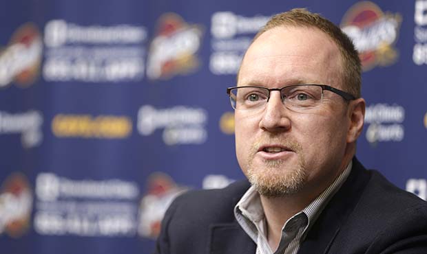 In this April 22, 2014 photo, Cleveland Cavaliers interim general manager David Griffin wrap-up the...