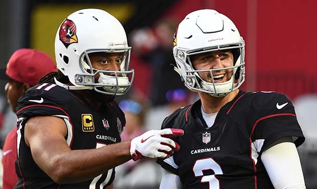 Larry Fitzgerald #11 and Josh Rosen #3 of the Arizona Cardinals share a laugh prior to the NFL game...