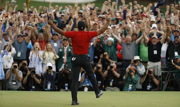 Tiger Woods reacts as he wins the Masters golf tournament Sunday, April 14, 2019, in Augusta, Ga. (...