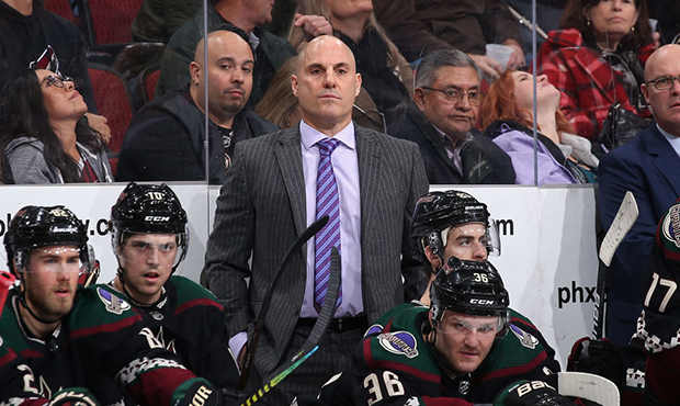 Head coach Rick Tocchet of the Arizona Coyotes watches from the bench during the third period of th...