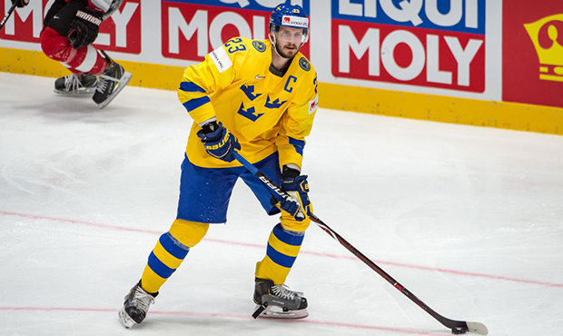 #23 Oliver Ekman-Larsson of Sweden passes the puck during the 2019 IIHF Ice Hockey World Championsh...