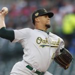 Oakland Athletics starting pitcher Frankie Montas throws during the first inning of a baseball game against the Detroit Tigers, Friday, May 17, 2019, in Detroit. (AP Photo/Carlos Osorio)