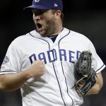 San Diego Padres relief pitcher Adam Warren reacts after getting the last out with the bases loaded, a ground out by Arizona Diamondbacks' Ketel Marte, during the seventh inning of a baseball game, Monday, May 20, 2019, in San Diego. (AP Photo/Gregory Bull)