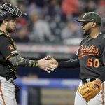 Baltimore Orioles relief pitcher Mychal Givens, right, and catcher Austin Wynns celebrate after they defeated the Cleveland Indians in a baseball game, Friday, May 17, 2019, in Cleveland. (AP Photo/Tony Dejak)