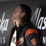San Francisco Giants pitcher Shaun Anderson sits in the dugout after being taken out during the fifth inning of a baseball game against the Arizona Diamondbacks in San Francisco, Sunday, May 26, 2019. (AP Photo/Tony Avelar)