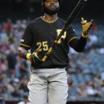 Pittsburgh Pirates' Gregory Polanco (25) tosses his bat after striking out against the Arizona Diamondbacks during the first inning of a baseball game, Tuesday, May 14, 2019, in Phoenix. (AP Photo/Matt York)