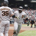 San Francisco Giants' Pablo Sandoval, right, is congratulated by teammate Brandon Crawford (35) after hitting a pinch-hit home run against the Arizona Diamondbacks during the 10th inning of a baseball game, Sunday, May 19, 2019, in Phoenix. (AP Photo/Ralph Freso)