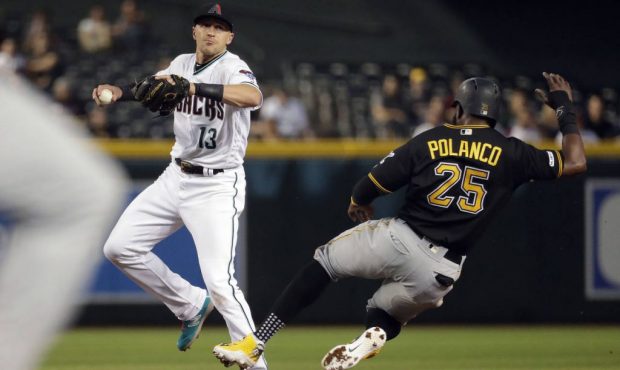 Pittsburgh Pirates' Gregory Polanco (25) is forced out by Arizona Diamondbacks' Nick Ahmed (13) on ...