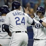 Tampa Bay Rays' Tommy Pham celebrates with Avisail Garcia (24) and Ji-Man Choi (26) after hitting a grand slam off Arizona Diamondbacks starting pitcher Merrill Kelly during the second inning of a baseball game Monday, May 6, 2019, in St. Petersburg, Fla. (AP Photo/Chris O'Meara)