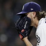San Diego Padres starting pitcher Chris Paddack looks in as he works against an Arizona Diamondbacks batter during the sixth inning of a baseball game Monday, May 20, 2019, in San Diego. (AP Photo/Gregory Bull)