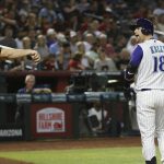 Arizona Diamondbacks' Carson Kelly (18) yells at umpire Chris Segal, left, after being called out on strikes during the fourth inning of the team's baseball game against the Atlanta Braves on Thursday, May 9, 2019, in Phoenix. (AP Photo/Ross D. Franklin)