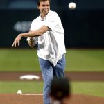 Arizona Diamondbacks Hall of Fame pitcher Randy Johnson throws out the first pitch prior to a baseball game between the Diamondbacks and San Francisco Giants on Saturday, May 18, 2019, in Phoenix. The Diamondbacks were marking the 15th anniversary of Johnson's perfect game against the Atlanta Braves. (AP Photo/Ralph Freso)