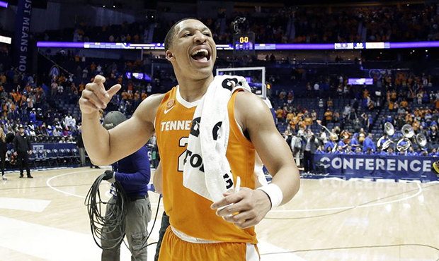 Tennessee forward Grant Williams celebrates after Tennessee beat Kentucky 82-78 in an NCAA college ...