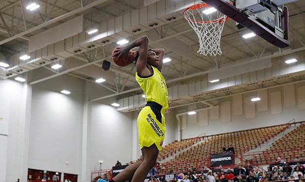 Darius Garland of Brentwood Academy attempts a dunk during the 2018 McDonald's All American Game PO...