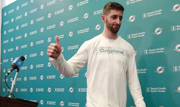 Miami Dolphins NFL football quarterback Josh Rosen gives a thumbs up as he leaves after speaking at...