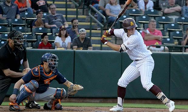 Arizona State first baeman Spencer Torkelson waits for a pitch early on in an at-bat against Cal St...
