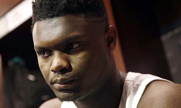 Duke forward Zion Williamson speaks with the news media in the locker room after an NCAA men's East...