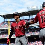 WASHINGTON, DC - JUNE 15: Ketel Marte #4 of the Arizona Diamondbacks celebrates with Ildemaro Vargas #15 after hitting a solo home run in the first inning against the Washington Nationals at Nationals Park on June 15, 2019 in Washington, DC. (Photo by Patrick McDermott/Getty Images)