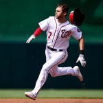 WASHINGTON, DC - JUNE 15: Trea Turner #7 of the Washington Nationals hits a triple in the first inning against the Arizona Diamondbacks at Nationals Park on June 15, 2019 in Washington, DC. (Photo by Patrick McDermott/Getty Images)