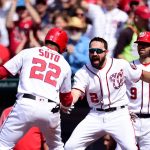 WASHINGTON, DC - JUNE 15: Juan Soto #22 of the Washington Nationals celebrates with Adam Eaton #2 after hitting a solo home run in the first inning against the Arizona Diamondbacks at Nationals Park on June 15, 2019 in Washington, DC. (Photo by Patrick McDermott/Getty Images)