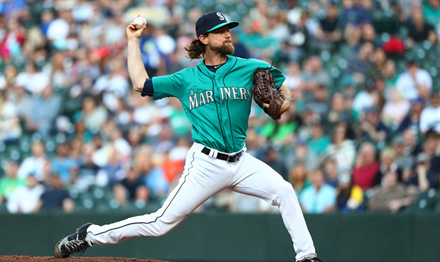 Mike Leake #8 of the Seattle Mariners pitches against the Los Angeles Angels of Anaheim in the seco...
