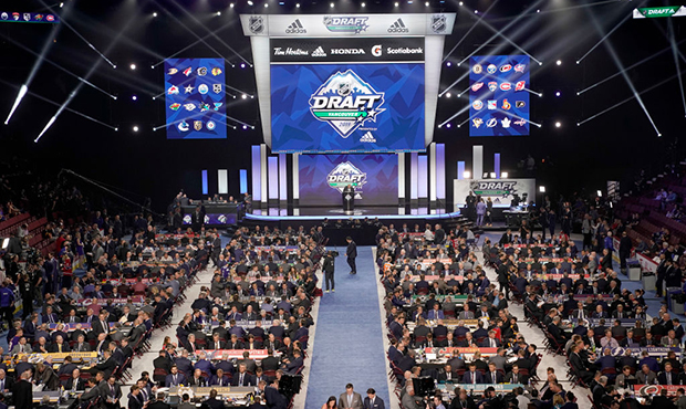 A general view of the draft floor prior to the first round of the 2019 NHL Draft at Rogers Arena on...