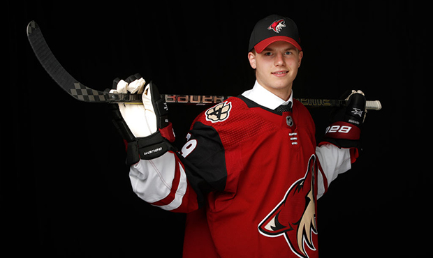 Victor Soderstrom poses for a portrait after being selected eleventh overall by the Arizona Coyotes...
