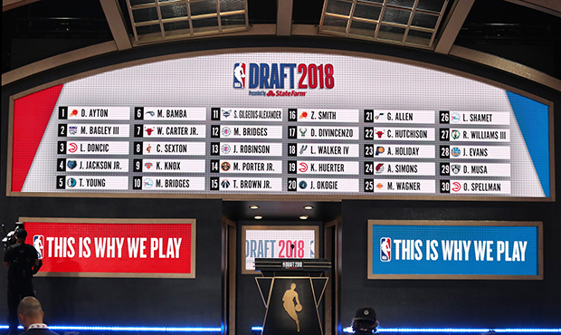 Picks one through 30 are seen on the board at the conclusion of the first round during the 2018 NBA...