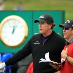 PEBBLE BEACH, CALIFORNIA - JUNE 16: Phil Mickelson of the United States (L) and caddie, Tim Mickelson, look on from the 17th tee during the final round of the 2019 U.S. Open at Pebble Beach Golf Links on June 16, 2019 in Pebble Beach, California. (Photo by Andrew Redington/Getty Images)