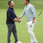 PEBBLE BEACH, CALIFORNIA - JUNE 16: Chez Reavie of the United States (L) and Brooks Koepka of the United States shake hands on the 18th green during the final round of the 2019 U.S. Open at Pebble Beach Golf Links on June 16, 2019 in Pebble Beach, California. (Photo by Harry How/Getty Images)