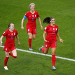 United States' Alex Morgan, right, celebrates with her teammates after scoring her team's first goal during the Women's World Cup Group F soccer match between the USA and Thailand at the Stade Auguste-Delaune in Reims, France, Tuesday, June 11, 2019. (AP Photo/Francois Mori)