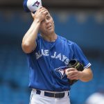 Toronto Blue Jays starting pitcher Clayton Richard reacts on the mound in the third inning of their baseball game against the Arizona Diamondbacks in Toronto on Sunday, June 9, 2019. (Fred Thornhill/The Canadian Press via AP)