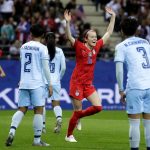 United States' Rose Lavelle, 2nd right, celebrates after scoring her side's 7th goal during the Women's World Cup Group F soccer match between United States and Thailand at the Stade Auguste-Delaune in Reims, France, Tuesday, June 11, 2019. (AP Photo/Alessandra Tarantino)
