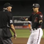 Arizona Diamondbacks' Ildemaro Vargas, right, argues with umpire Paul Nauert, left, after Vargas was called out at first base during the sixth inning of the team's baseball game against the San Francisco Giants on Saturday, June 22, 2019, in Phoenix. (AP Photo/Ross D. Franklin)