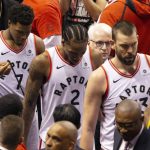 Toronto Raptors' Kyle Lowry, left, Kawhi Leonard, center, and Marc Gasol leave the court after the Raptors lost 106-105 to the Golden State Warriors in Game 5 of the NBA Finals in Toronto on Monday June 10, 2019. (Chris Young/The Canadian Press via AP)