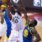 Toronto Raptors forward Pascal Siakam (43) shoots over Golden State Warriors forward Draymond Green (23) during second-half basketball action in Game 5 of the NBA Finals in Toronto, Monday, June 10, 2019. (Chris Young/The Canadian Press via AP)