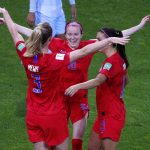 United States' Rose Lavelle centre, celebrates with teammates after scoring her team's seventh goal during the Women's World Cup Group F soccer match between the United States and Thailand at the Stade Auguste-Delaune in Reims, France, Tuesday, June 11, 2019. (AP Photo/Francois Mori)