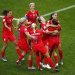 United States' Alex Morgan, right, celebrates with her teammates after scoring her team's first goal during the Women's World Cup Group F soccer match between the USA and Thailand at the Stade Auguste-Delaune in Reims, France, Tuesday, June 11, 2019. (AP Photo/Francois Mori)