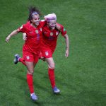 United States' Mallory Pugh, left, celebrates with teammate Megan Rapinoe after scoring her team's 11th goal during the Women's World Cup Group F soccer match between the United States and Thailand at the Stade Auguste-Delaune in Reims, France, Tuesday, June 11, 2019. (AP Photo/Francois Mori)
