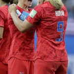 United States' scorer Lindsey Horan, right, and her teammate Megan Rapinoe, left, celebrate their side's 3rd goal during the Women's World Cup Group F soccer match between United States and Thailand at the Stade Auguste-Delaune in Reims, France, Tuesday, June 11, 2019. (AP Photo/Alessandra Tarantino)
