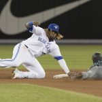 Arizona Diamondbacks' Jarrod Dyson is safe stealing second, beating the tag attempt by Toronto Blue Jays' Vladimir Guerrero Jr. during the seventh inning of a baseball game Friday, June 7, 2019, in Toronto. (Fred Thornhill/The Canadian Press via AP)