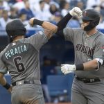 Arizona Diamondbacks' Kevin Cron, right, is greeted at home plate by David Peralta (6) after hitting a three run home run against the Toronto Blue Jays in the fourth inning of a baseball game Friday, June 7, 2019, in Toronto. (Fred Thornhill/The Canadian Press via AP)