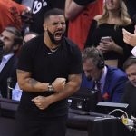 Rapper Drake reacts during the second half of basketball action between the Toronto Raptors and the Golden State Warriors in Game 5 of the NBA Finals in Toronto on Monday, June 10, 2019. (Frank Gunn/The Canadian Press via AP)