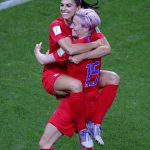 United States' Megan Rapinoe, right, congratulates teammate Alex Morgan after scoring her fifth goal during the Women's World Cup Group F soccer match between the United States and Thailand at the Stade Auguste-Delaune in Reims, France, Tuesday, June 11, 2019. (AP Photo/Francois Mori)