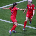 United States' Mallory Pugh, left, celebrates with teammate Megan Rapinoe after scoring her team's 11th goal during the Women's World Cup Group F soccer match between the United States and Thailand at the Stade Auguste-Delaune in Reims, France, Tuesday, June 11, 2019. (AP Photo/Francois Mori)