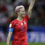 United States' Megan Rapinoe celebrates after the Women's World Cup Group F soccer match between United States and Thailand at the Stade Auguste-Delaune in Reims, France, Tuesday, June 11, 2019. The United States defeated Thailand by 13-0. (AP Photo/Alessandra Tarantino)