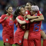United States' Alex Morgan, second right, celebrates after scoring her side's 12th goal during the Women's World Cup Group F soccer match between United States and Thailand at the Stade Auguste-Delaune in Reims, France, Tuesday, June 11, 2019. Morgan scored five goals during the match. (AP Photo/Alessandra Tarantino)