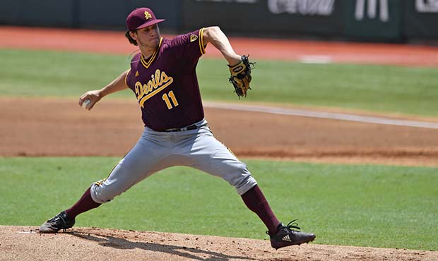 Arizona State starting pitcher RJ Dabovich (11) pitches against Stony Brook in the first inning of ...