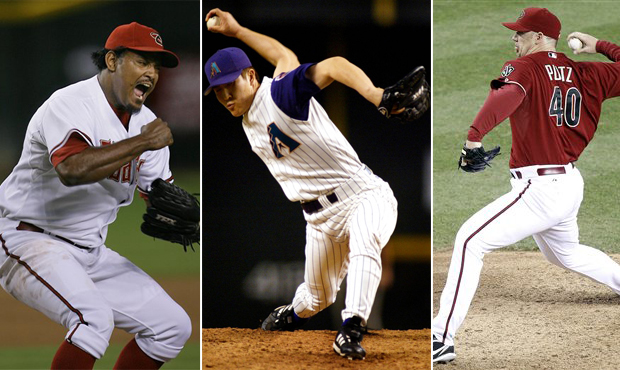 On the left, reliever Jose Valverde. In the middle is reliever Byung-Hyun Kim. On the right is reli...